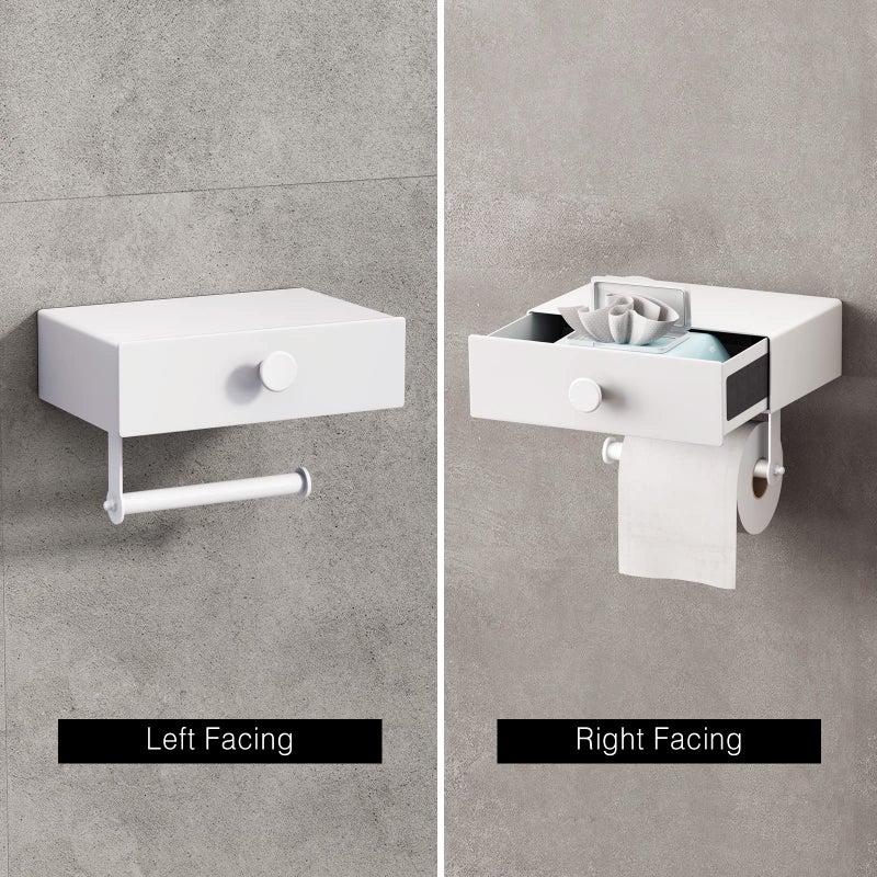 VOLDRA Toilet Paper Holder with Shelf White Wipes Dispenser for Bathroom Toilet Paper Holder with Storage Upgrade Drawer Design Toilet Tissue Holder Adhesive Small Bathroom Shelf Wall Mount - Image 4